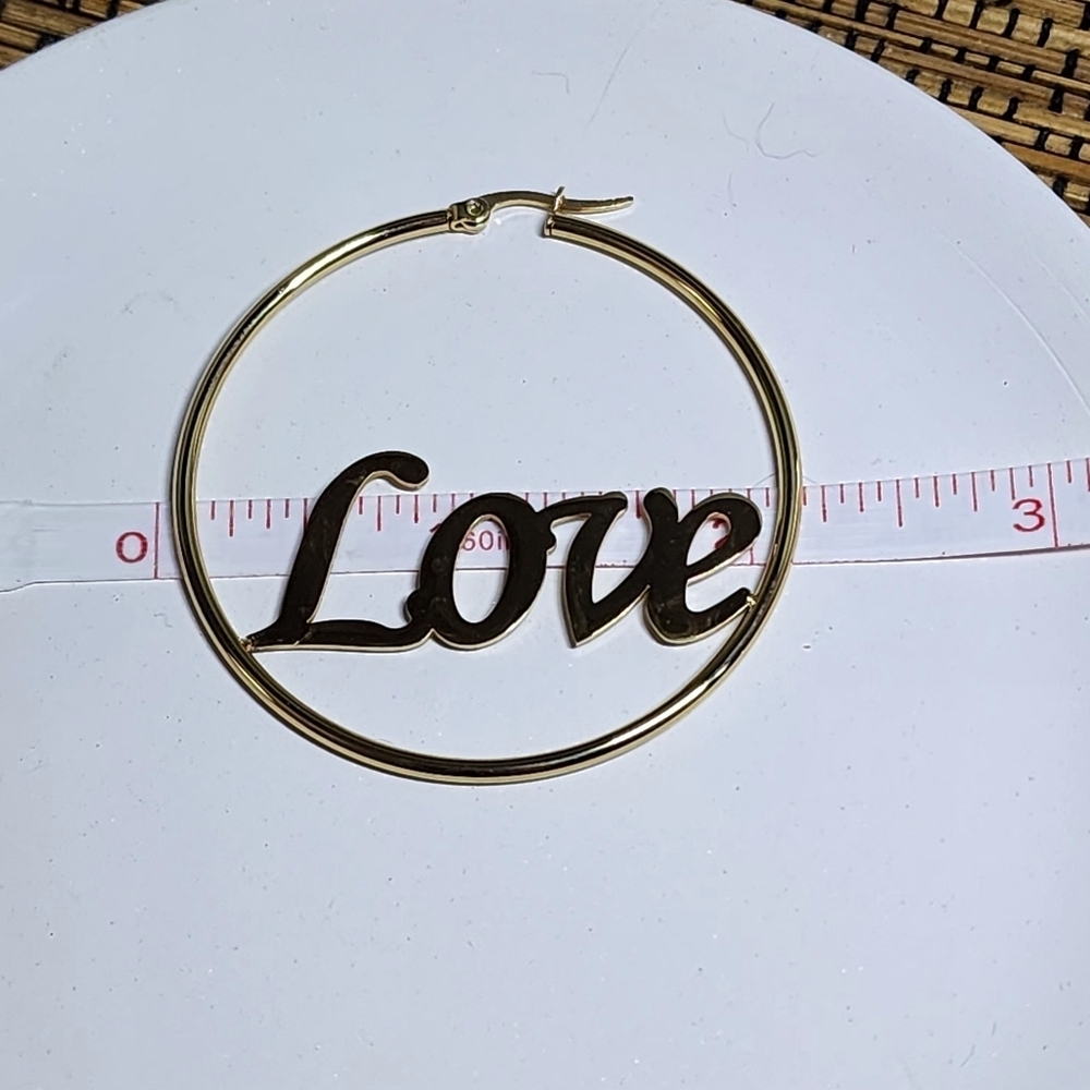 Gold Stainless Steel LOVE Hoop Earrings - Picture 7 of 7